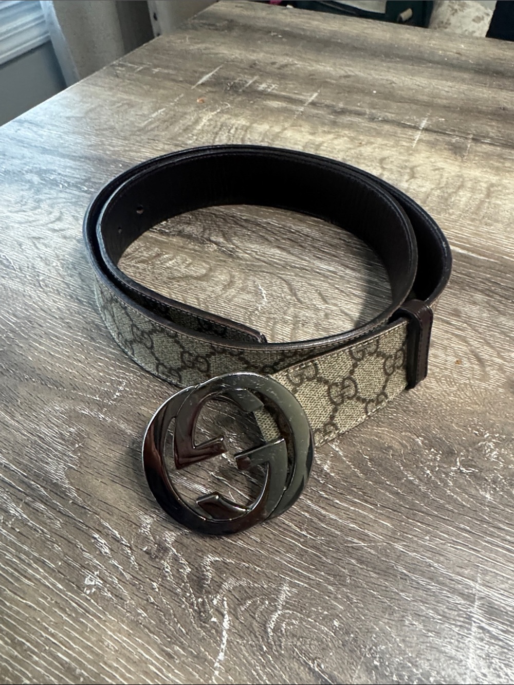 Gucci Beige Monogram Canvas Men’s Belt with Dark Brown Leather